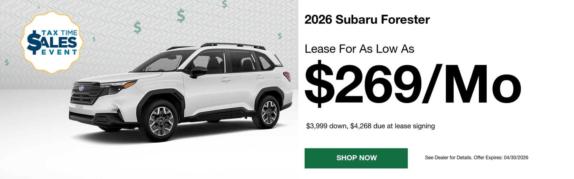 A lease offer for $269 a month for a 2026 Forester