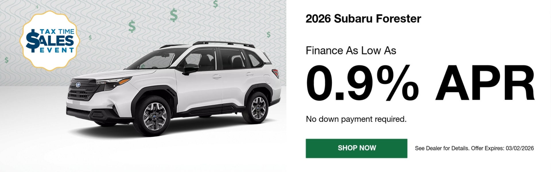 A finance offer for a 2026 Subaru Forester for 0.9% APR