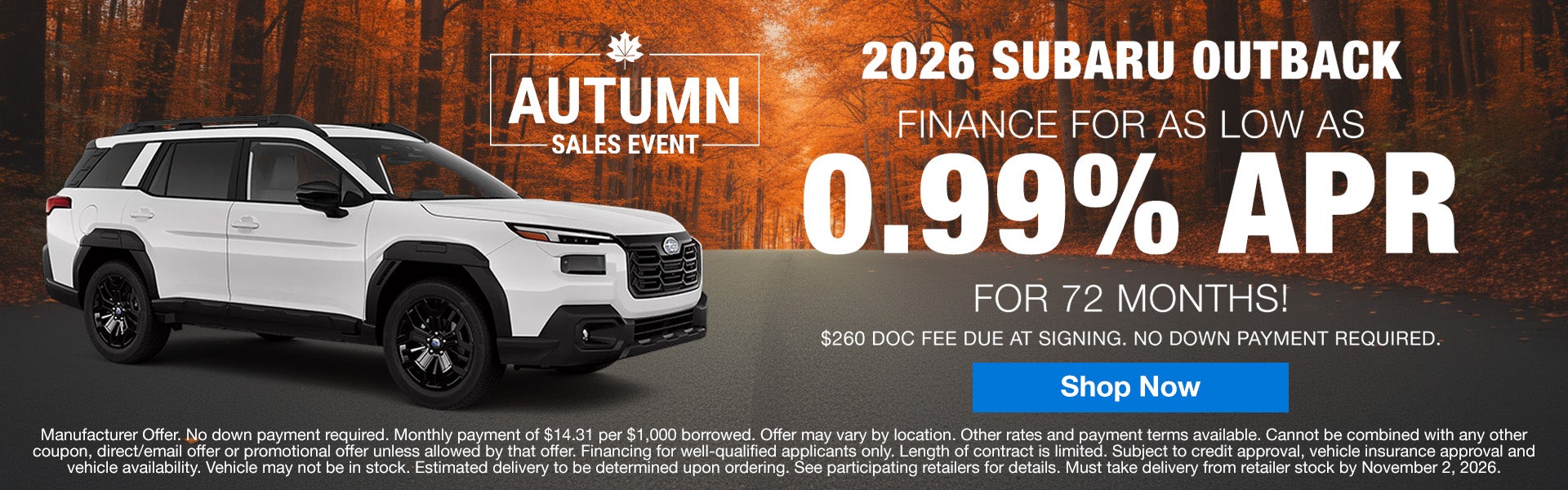 A finance offer for 0.99% APR on a 2026 Subaru Outback