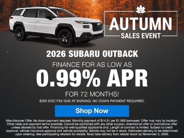 A finance offer for 0.99% APR on a 2026 Subaru Outback